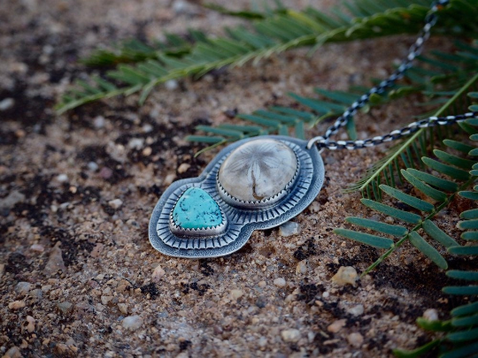 Fossil Sand Dollar Fox Turquoise Nugget Necklace